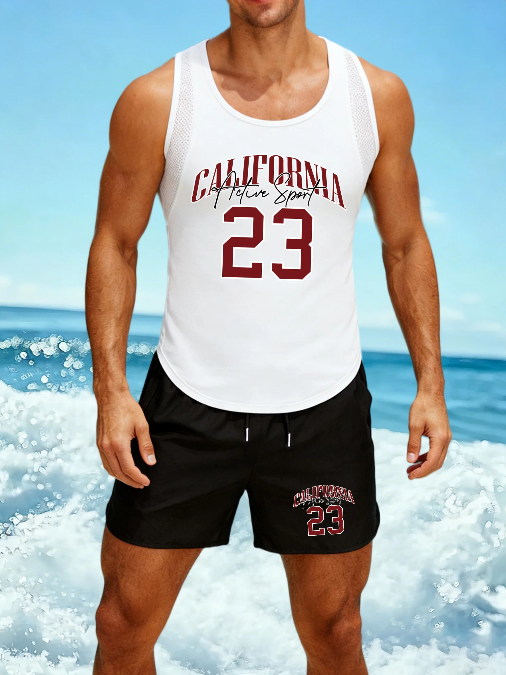 

California Sport 23 Print Men Vest Suit Summer Soft Shorts Fashion Singlets Tee O-Neck Soft Sleeveless Unisex Basics Sportsuit