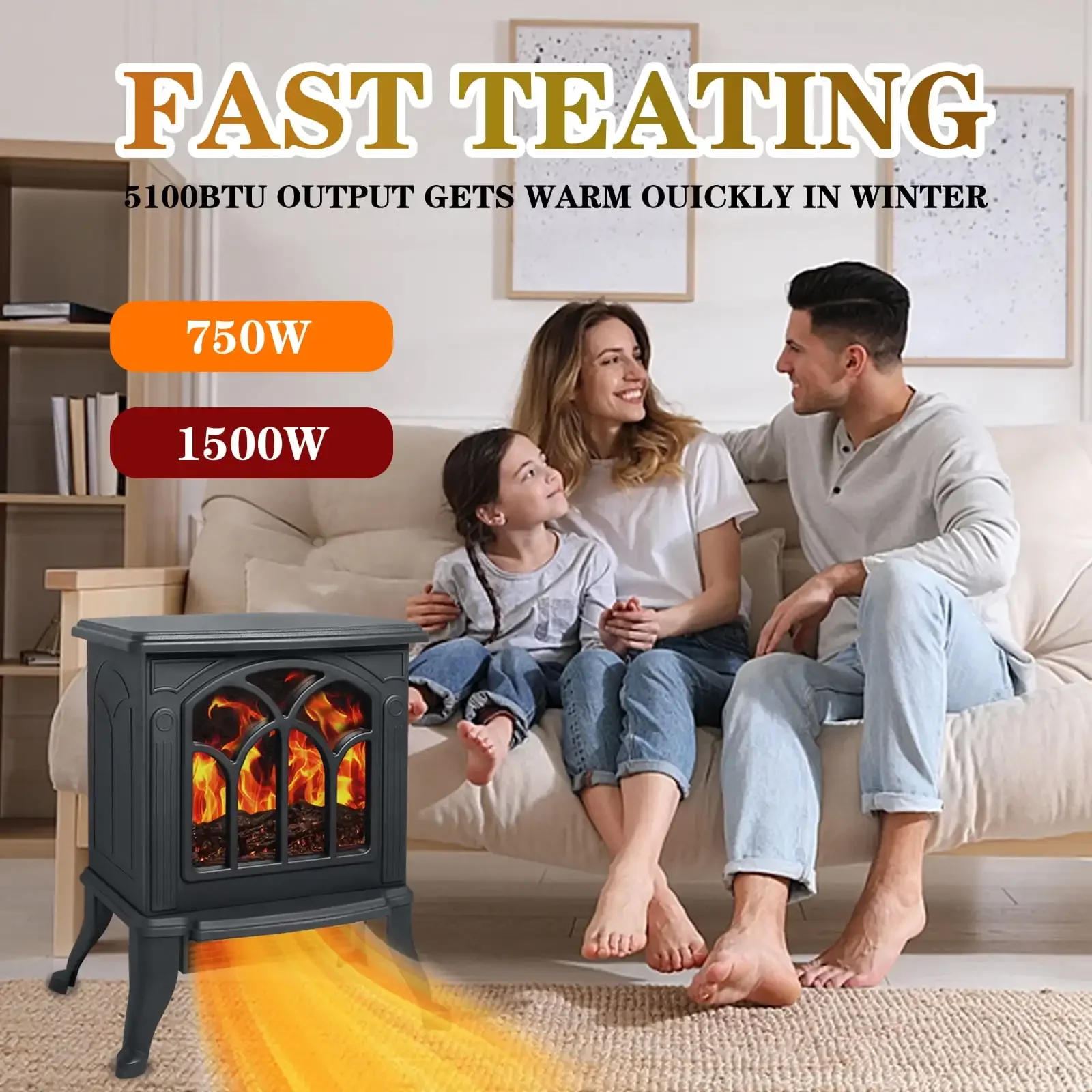 Electric Fireplace Heater 1500W Infrared Fireplace Stove with 3D Flame