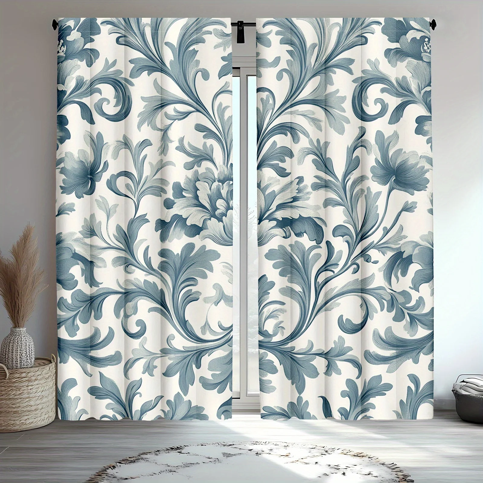 2pc Vintage blue floral pattern curtains, made of polyester, machine washable, suitable for living room and bedroom.