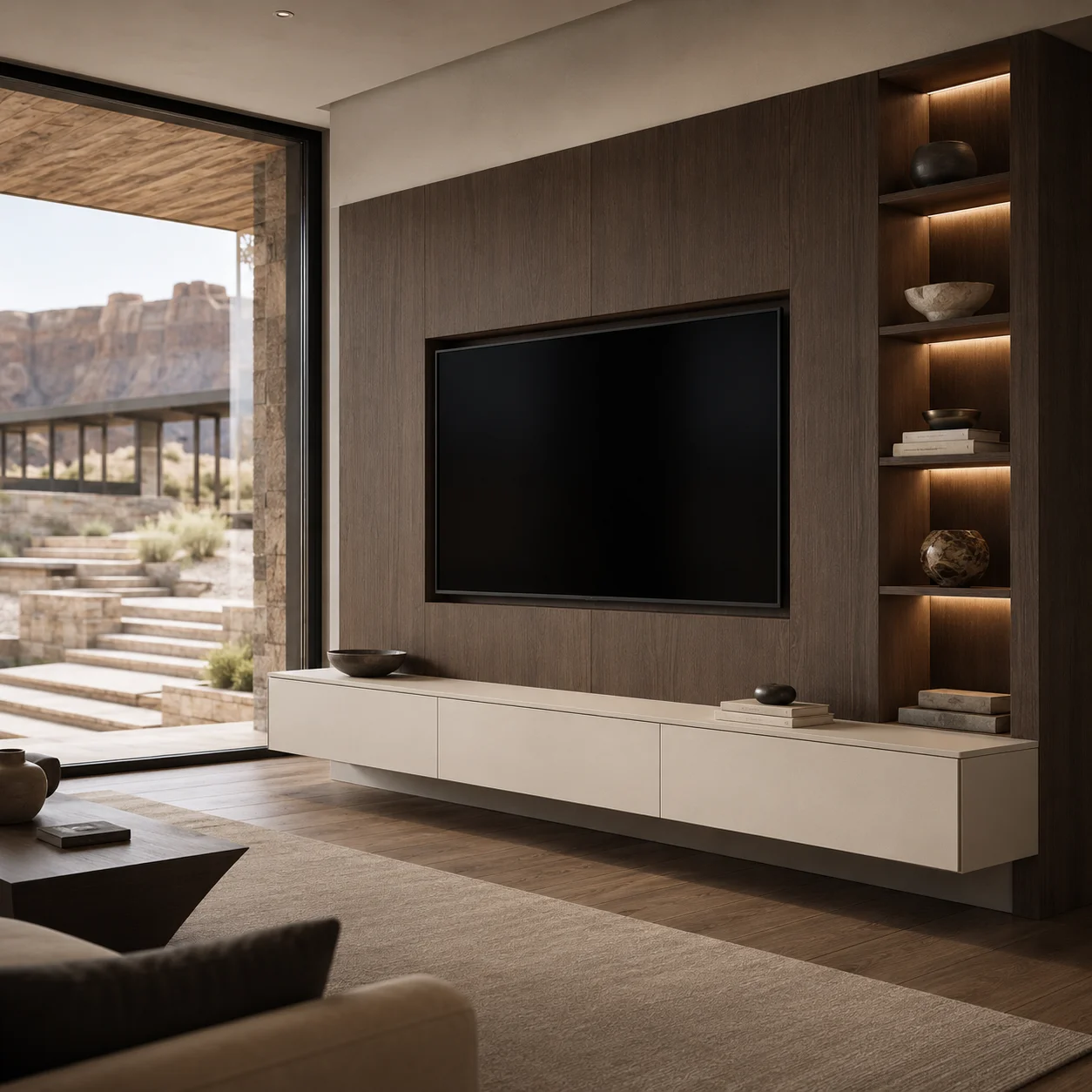 Modern Custom TV Cabinet Media Wall With Cable Management And Floating Base Storage Made To Order With Custom Sizing