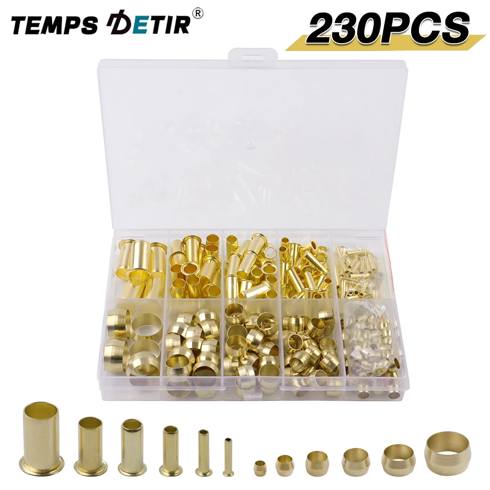 

Комплект из 230 компрессионных фитингов, латунные втулки для масляных трубок, 6 размеров (1/8", 3/16", 1/4", 5/16", 3/8", 1/2"), фитинги для соединения воздушных, водяных и топливных линий.