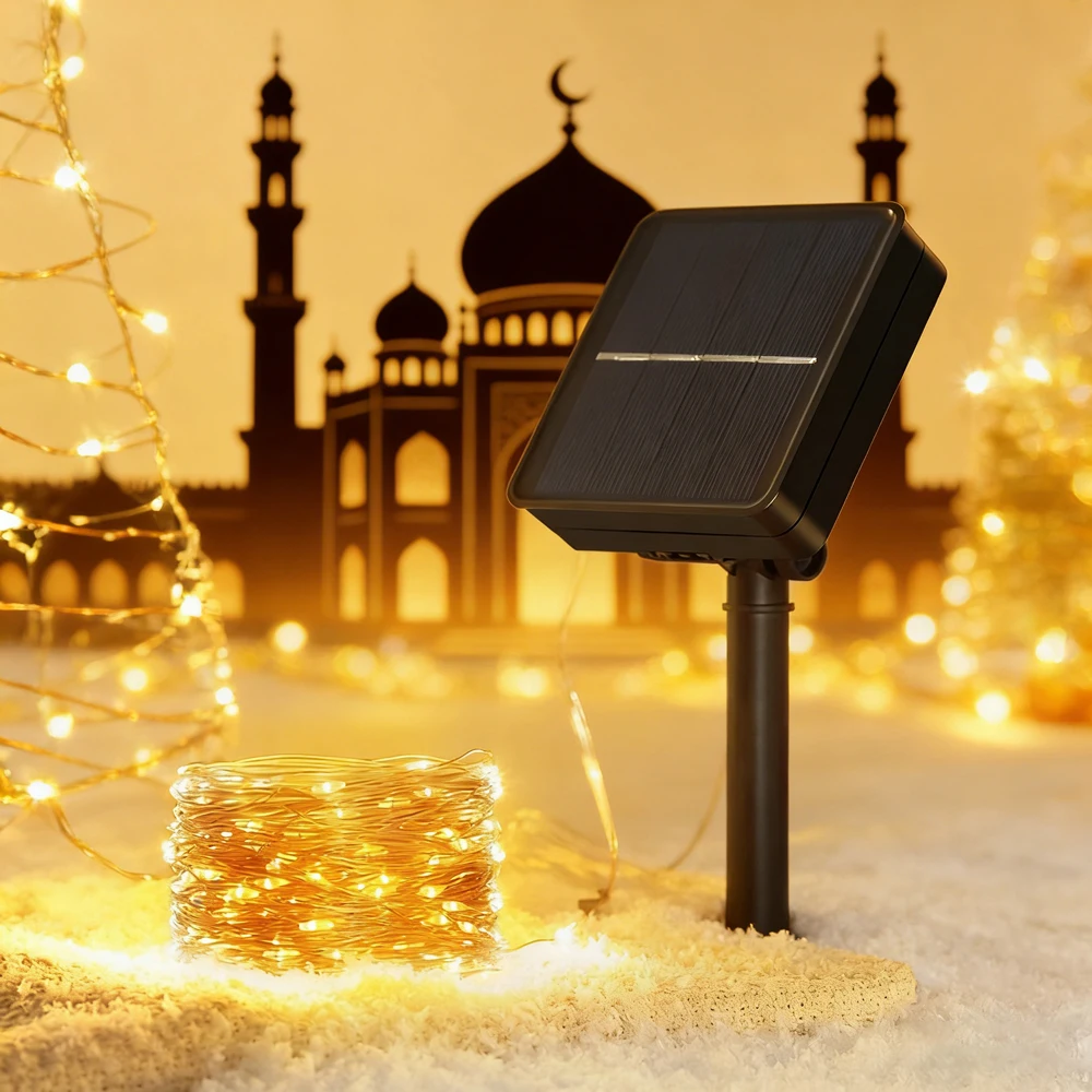

EID Mubarak Mother's Day LED Solar String Lights Garden Decoration Garland 8Modes Copper Wire Light for Wedding Decor