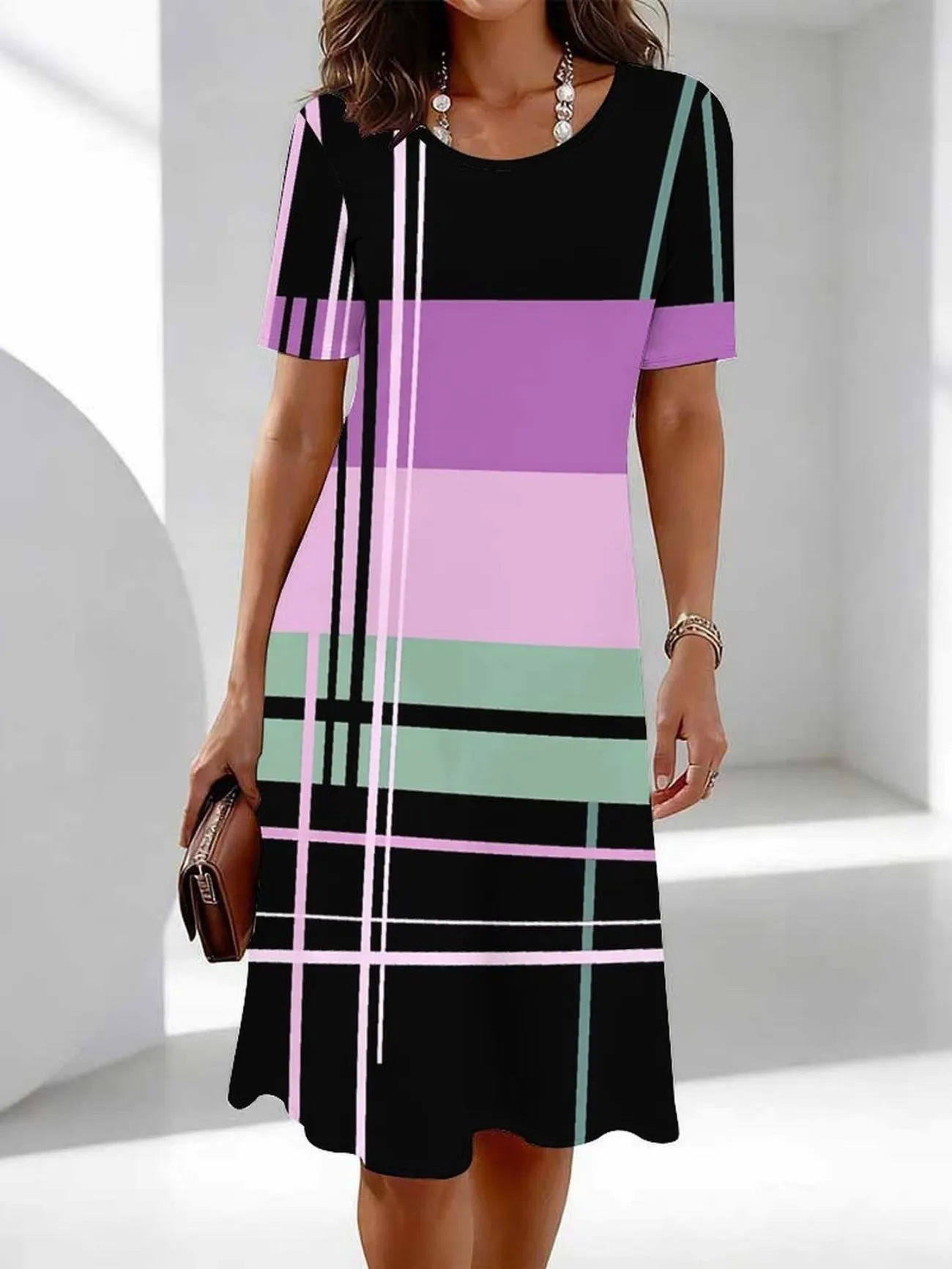 Ladies 3D Retro Plaid Print Dress Summer Short Sleeve round Neck Casual Party Gown Vintage Checkered Ensemble for Women