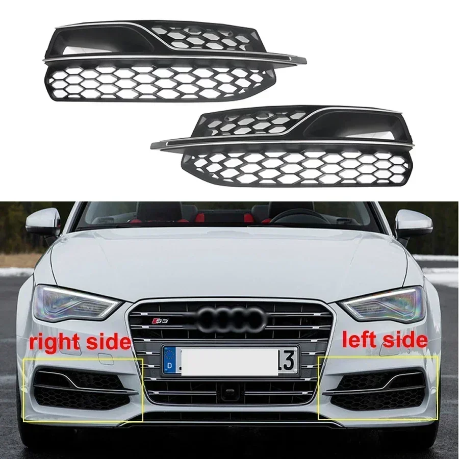 For Audi A3 S3 2014 2015 2016 2017 Front Bumper Fog Light Lamp Grille Grill Cover Honeycomb Mesh mid-net with Chrome Trim