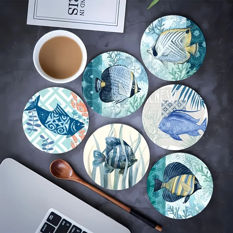 10CM 6PCS 2D Ecology Ocean Underwater Scene Wooden Coasters Ocean Surroundings Furniture Decoration Gift Desktop Protection