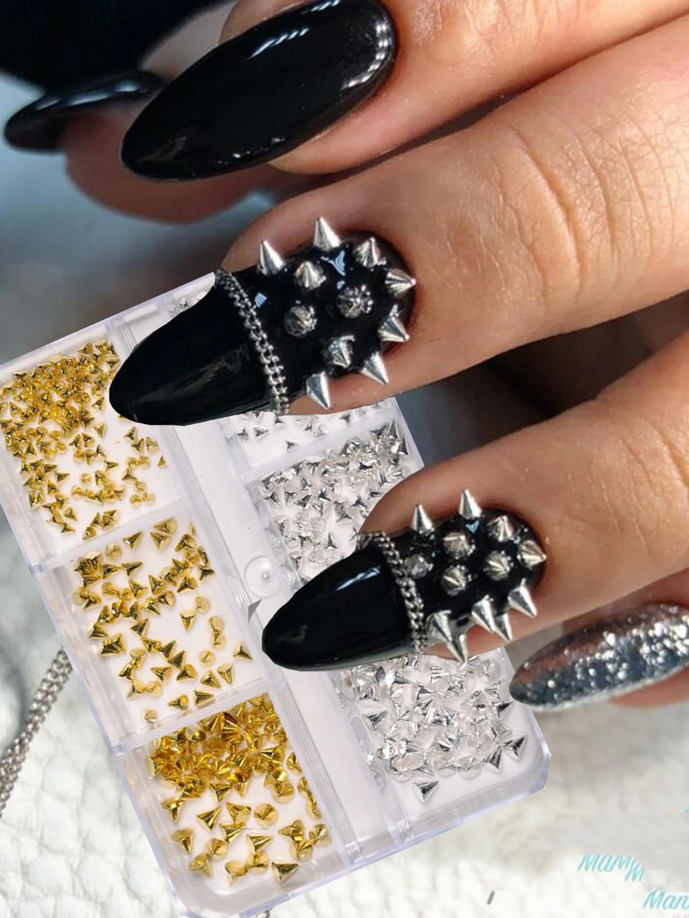 

6Grids/box 3D Halloween Gold&Silver Metal Studs Nail Charms 1.5/2/3mm Punk Cone Metal Nail Art Decor Flat-Back Manicure Rivets