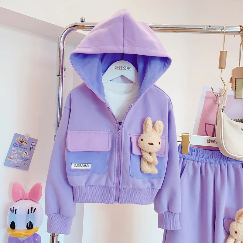 Spring Autumn Teenager Girl Tracksuit School Girl Rabbit Doll Hooded Zipper Sweat Jackets+Sport Pants Sets Girls 2-Piece Sets