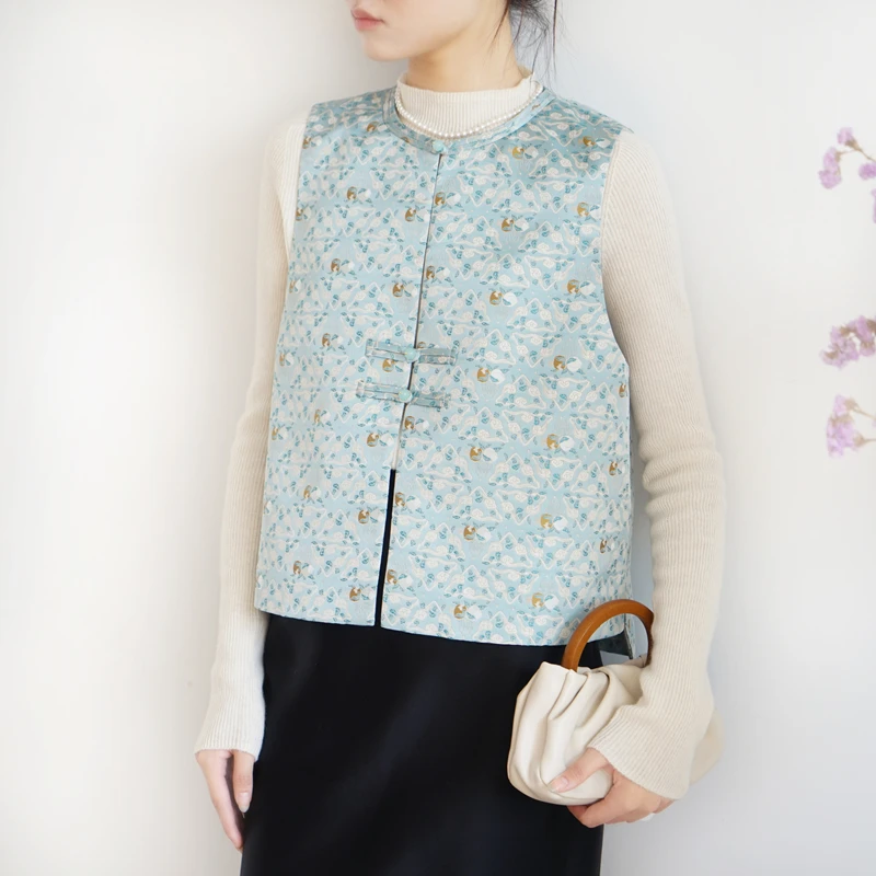 

Blue Chinese Embroidered Jaet Women's round Ne Button up Svel Loose ort Outerwear Ele National Sle MJ00