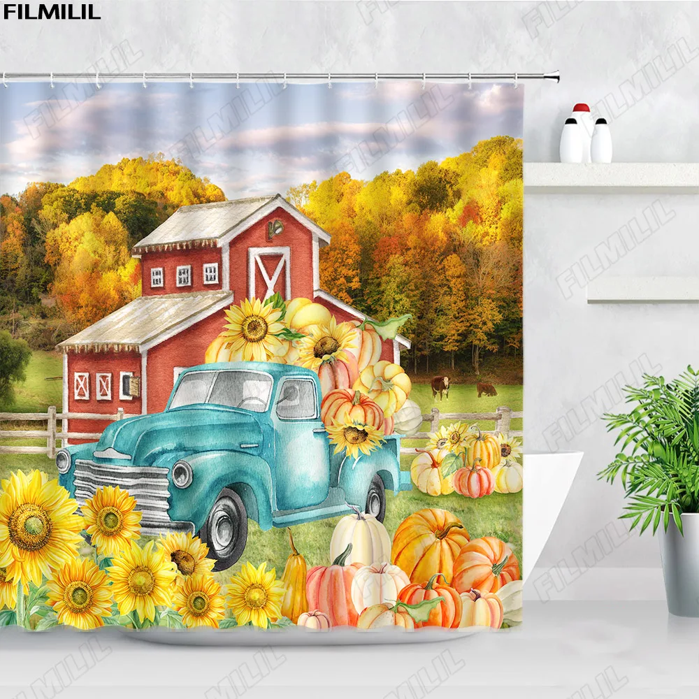 Autumn Farm Landscape Shower Curtain Farmhouse Truck Pumpkin Sunflower Animals Cow Forest Rural Scenery Bathroom Decor Curtains