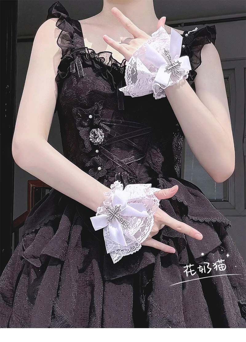 اليابانية الأصلية لوليتا الصليب كم المرأة YK2 الثقافية السوداء الحلو كول فتاة القوس الدانتيل تقليم غطاء للأكمام