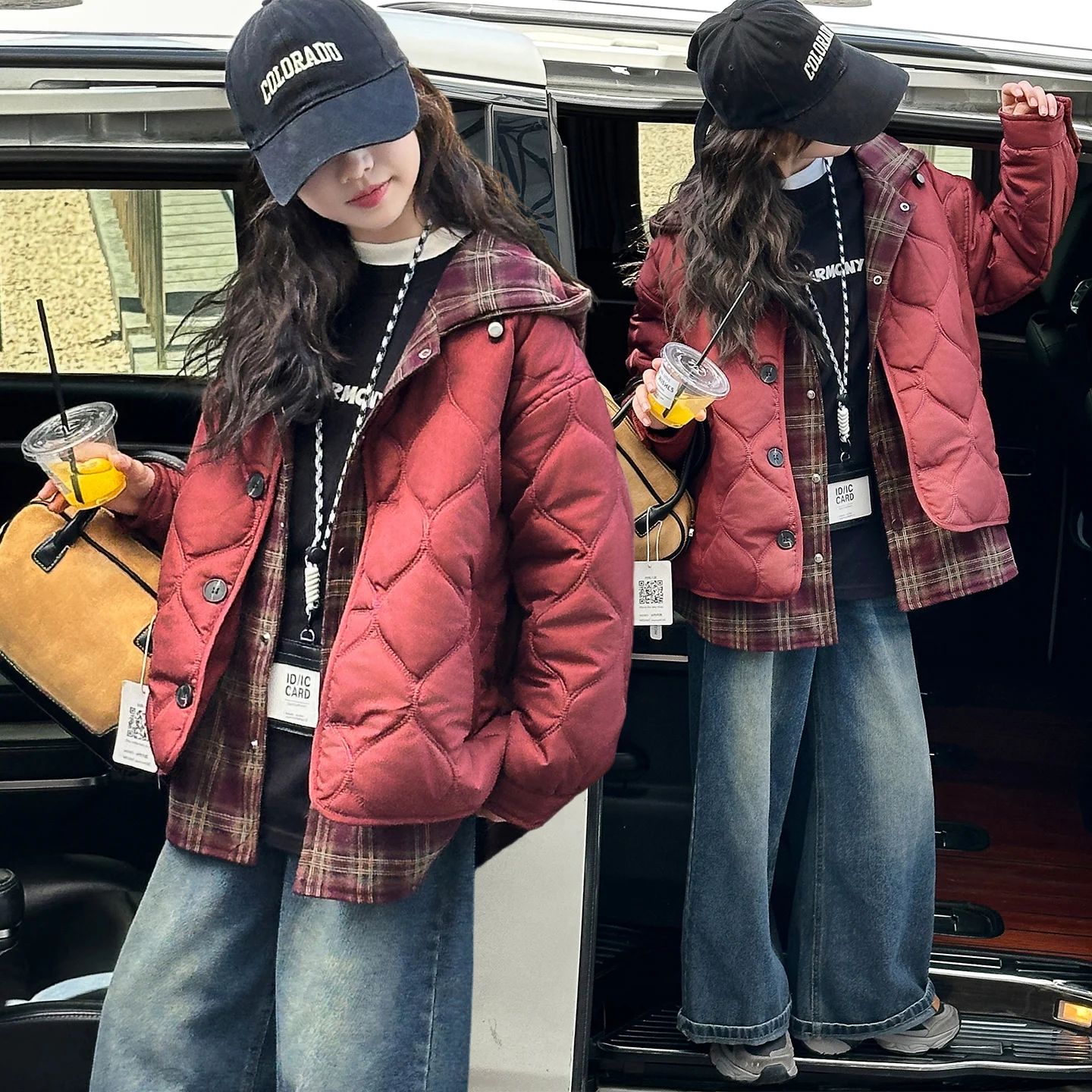 

2025 AW New Item 4-14Y Girls Padded Coat Japan-Korean Fashion Fake Two Pieces Down Jacket Oversized Winter Warm Coat for Kids