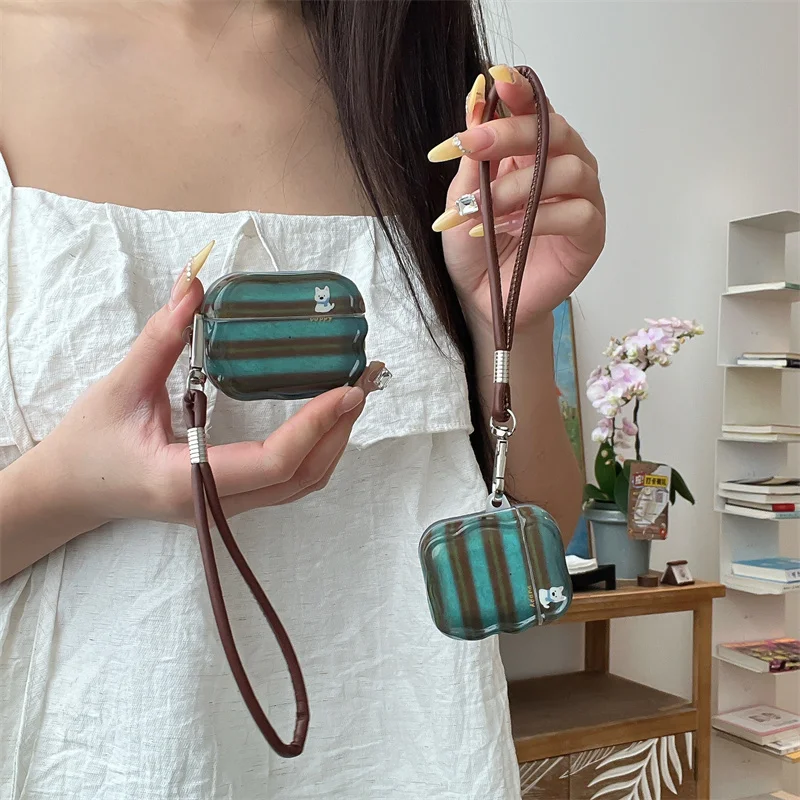 Twisted edge | Green striped puppy | Brown leather rope | Earphone cover | Suitable for Airpods 1 2 3 4 pro/pro 2