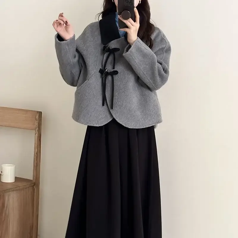 

New Chinese style double-sided wool coat women's short bow small design wool woolen coat winter