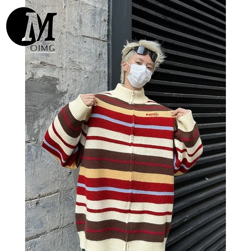 [OIMG] American Standing Collar Cardigan Jacket Men's Autumn Loose Striped Couple Zipper Knit Sweater Top