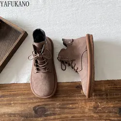 Klasyczna, Retro Suede Lace-up damskie botki styl Mori Girl duża główka buty studenckie przypadkowi płaskie botki Handmade miękkie podeszwy buty