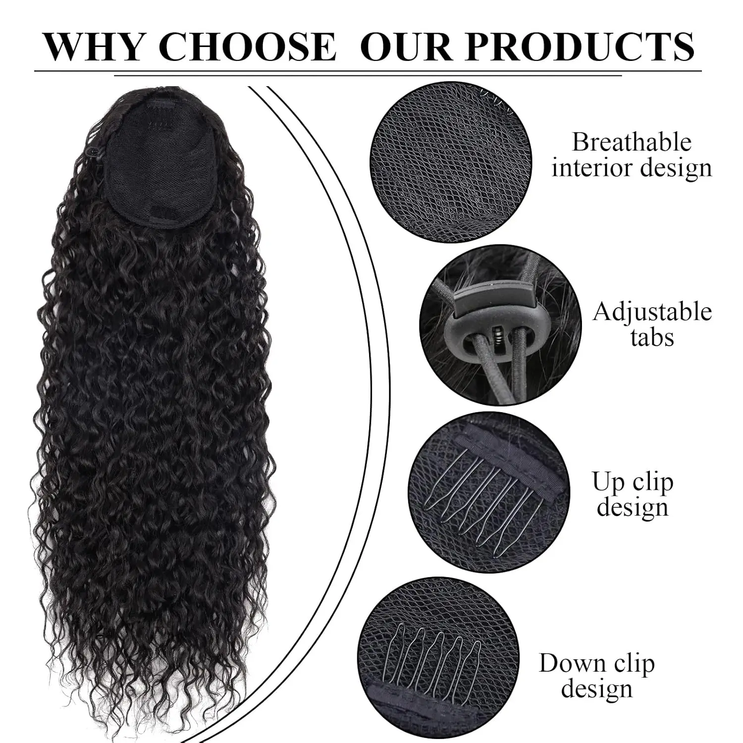 24インチのエレガントなカールウェーブポニーテールウィッグ、ドローストリング付き - 女性用の高品質合成毛、クリスマスや日常生活に最適