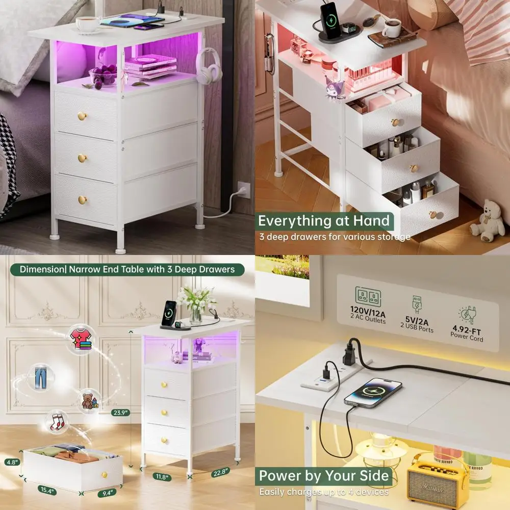 

Slim Nightstand with Charging Station, 3-Drawer Fabric Side Table, LED-Illuminated Bedside Table