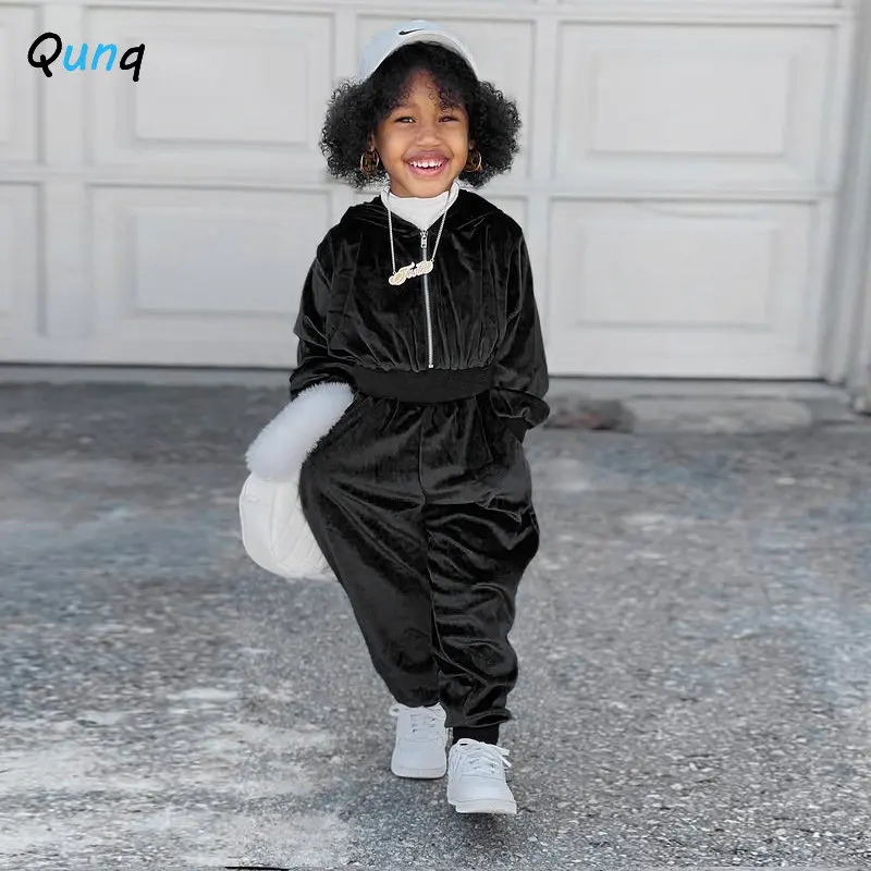 Qunq Autumn Winter Boys And Girls Solid Velvet Long Sleeve Hooded Zipper Pencil Jumpsuit Streets Fashion Kids Clothes Age 3T-8T