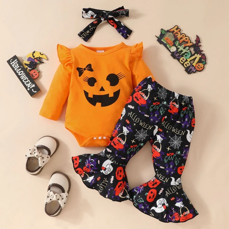 

Baby Girl Halloween Outfits Pumpkin Face Print Long Sleeve Romper Ghost Print Flare Pants Headband 3Pcs Clothes Set