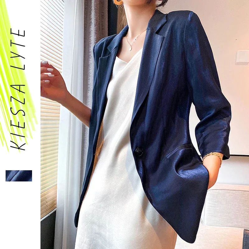 

2024 Summer Satin Blazer Woman Shiny Thin Solid Blue Pocket Office Lady Sunblock Suit Jackets Good Quality