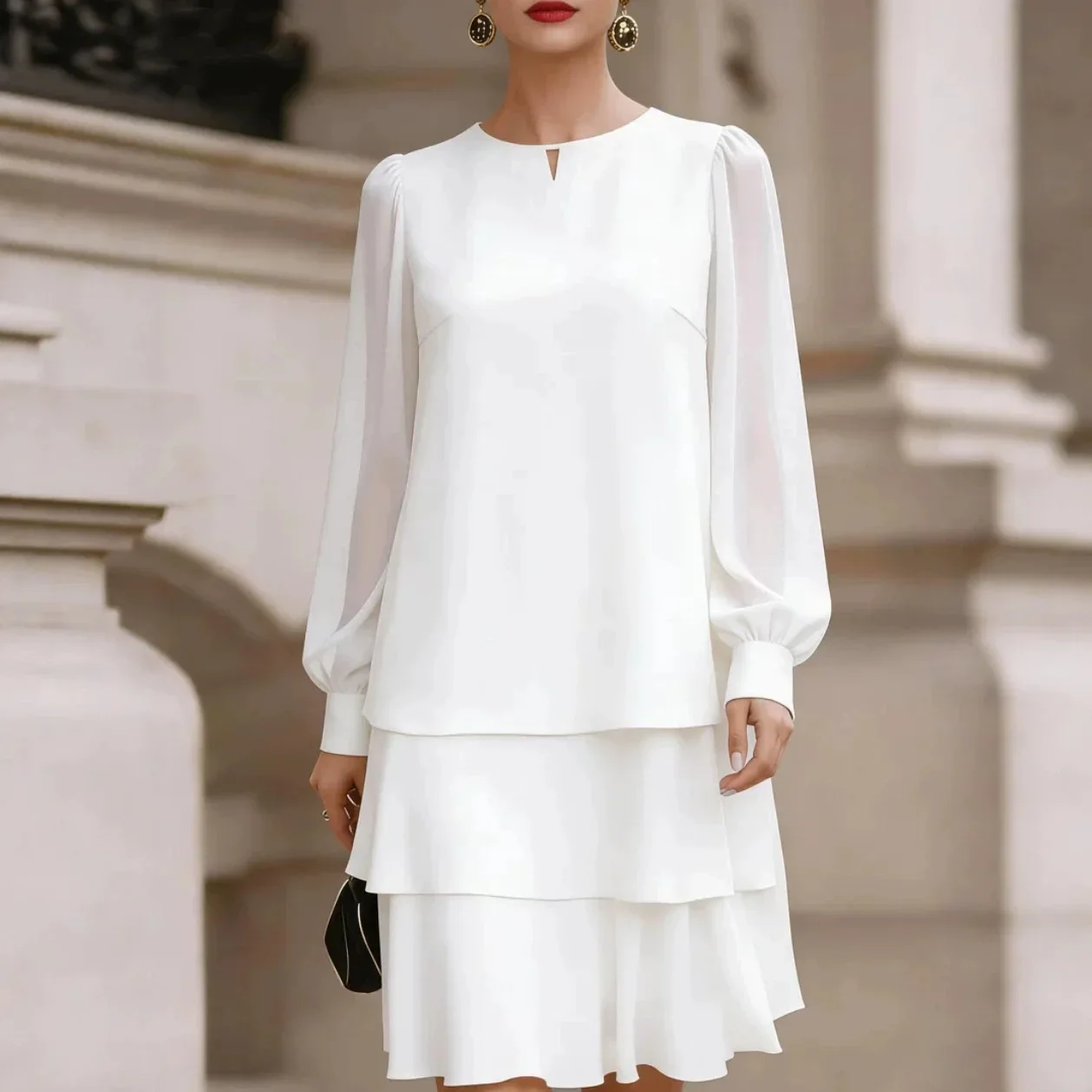 Fashion Hollow Out Round Neck Long Sleeve Double Layer Chiffon Dress New 2026 Autumn Elegant Loose Casual Women Office Dress