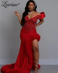 Red Long Prom Dresses One Shoulder African Party Dress With High Split Side Beaded Evening Engagement Gowns Plus Size Customized