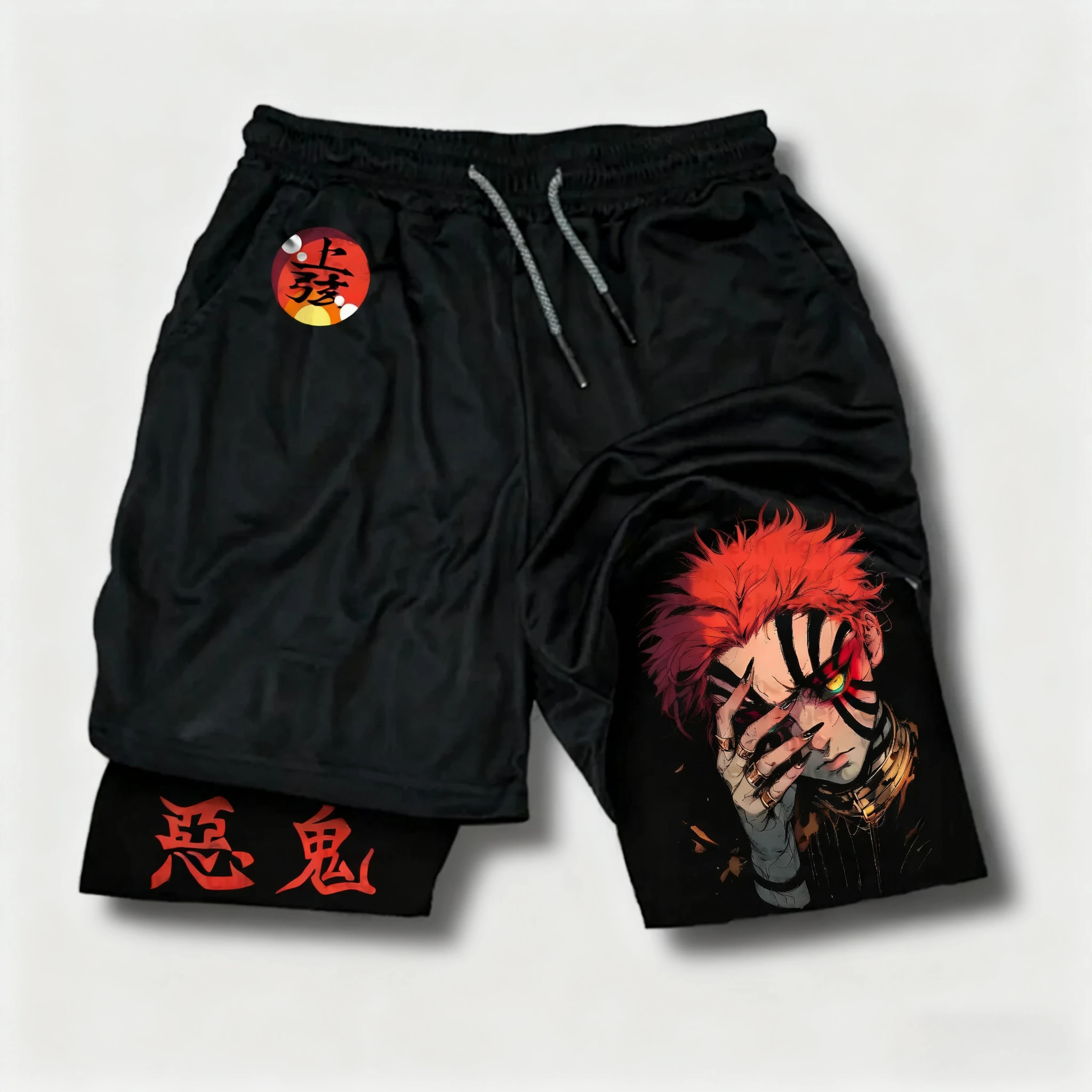 Pantalones cortos de doble capa con estampado de Anime Demon Slayer, pantalones cortos sueltos y de moda para Fitness y deportes de verano para hombres y mujeres Ins