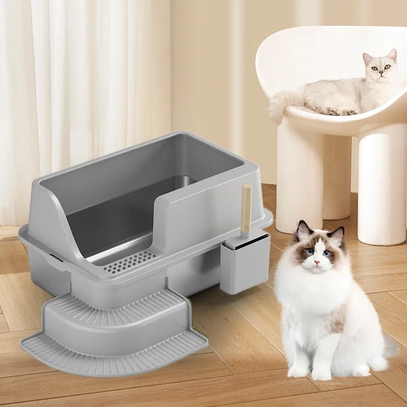 

Semi Enclosed Stainless Steel Cat Litter Box, Large Step Pedals, Pet Cat Toilet, Anti-Corrosion And Thickened Cat Toilet