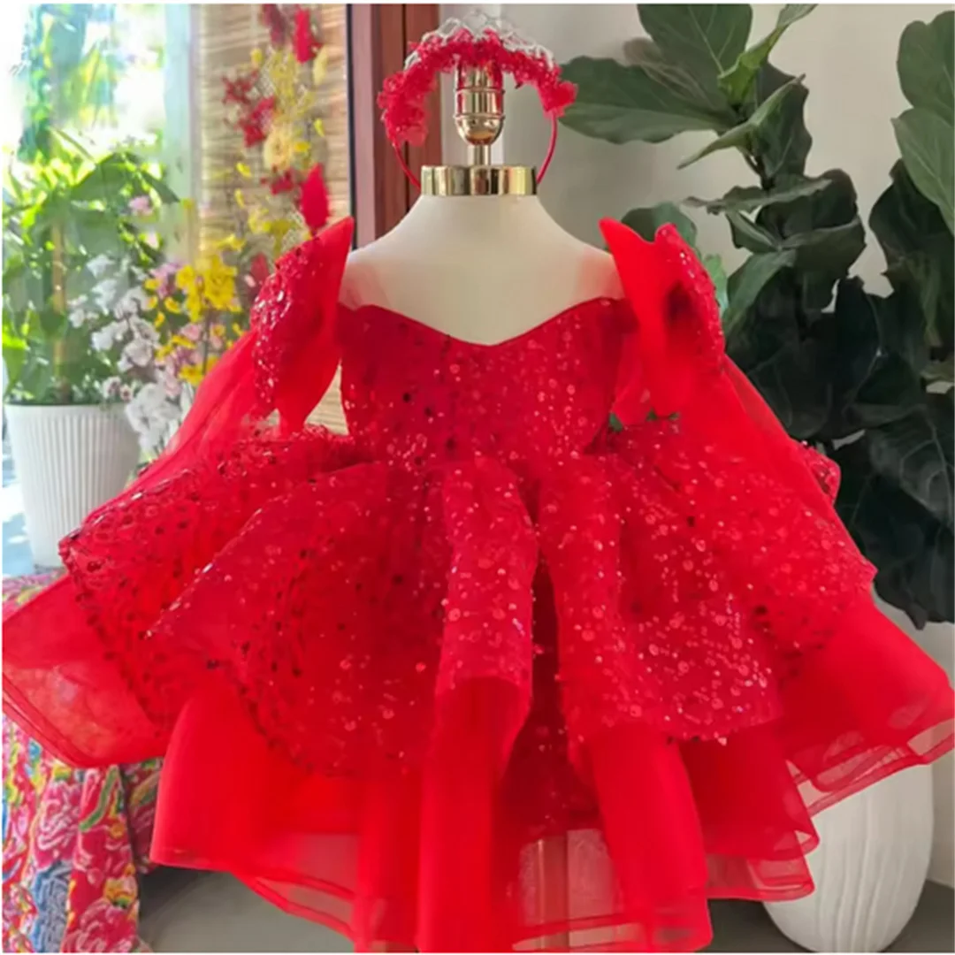 

Customized Wedding Birthday Party Gold Tulle Sequin With Bow Flower Girl Dresses Shoulder Short Sleeve For Holy Communion Gowns