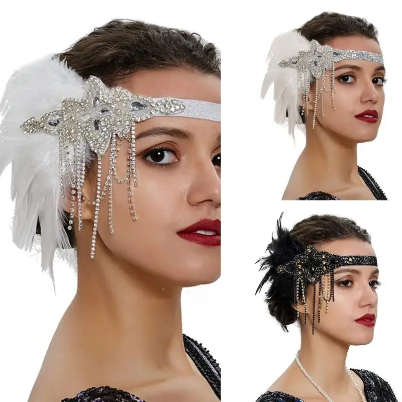 

L5YA Vintage Flapper Headpiece 1920s Women Great Headwear Feathers Headband