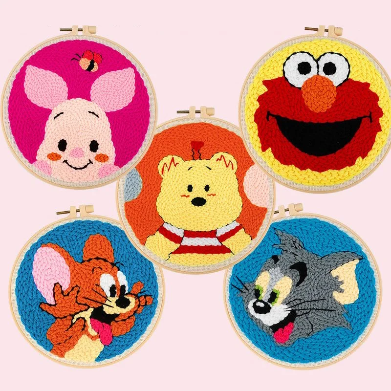 DIY Embroidery Starter Kits For Beginner Punch Needle Kids Disney Handicrafts Poking Embroidery Hoop Yarn Painting Arts