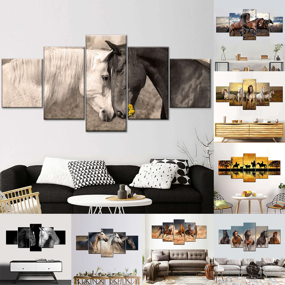 5 Panel Galloping Horse Couple HD Pictures Desert Roaming Horses Canvas Painting Animal Wall Art for Living Room Decor Cuadros
