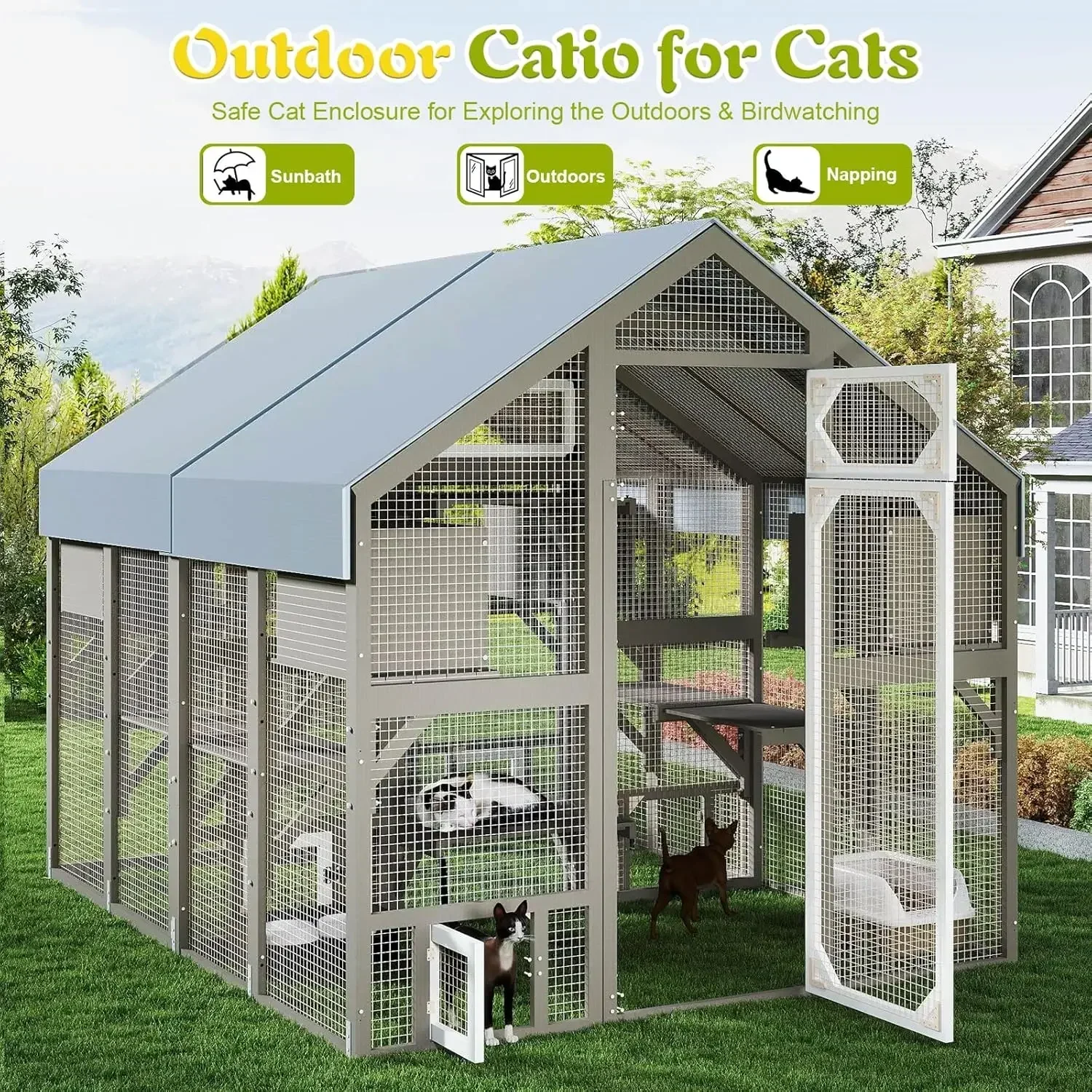 Large Cat Catio for Multiple Cats Outdoor Cat Patio Enclosures Wooden Walk in Cats House Outside Shelter Kitty Kennel Weatherpro