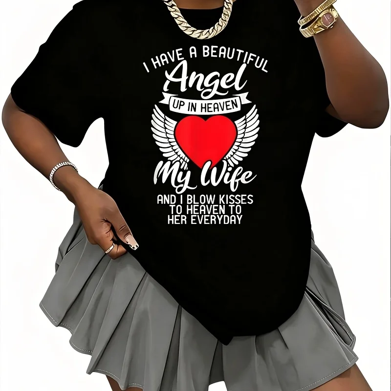 There Is a Beautiful Angel in Heaven My Wife Memorial Day Women's 100% Cotton T-Shirt Short Sleeve Top Casual Round Neck Fun Print Tee S-5Xl
