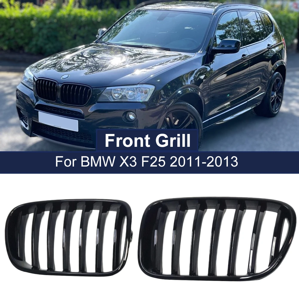 

2PCS Front Kidney Grille Grill 1 Slat Gloss Black Front Hood Grills For BMW X3 F25 2010 2011 2012 2013 Replacement Car Styling