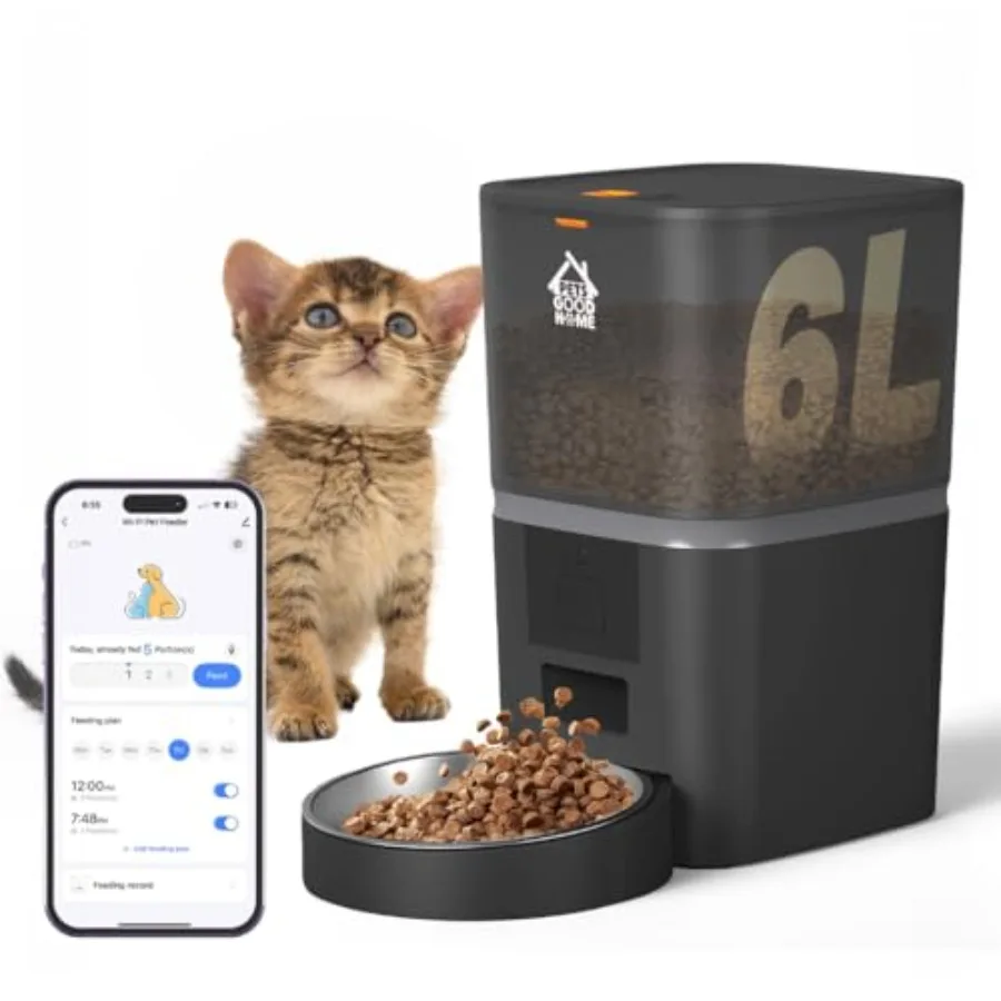 

Автоматическая кормушка для кошек 6 л, дозатор сухого корма с таймером для кошек и собак, управление через приложение, контроль порций, ежедневное кормление по расписанию, до 10 месяцев работы от батареи