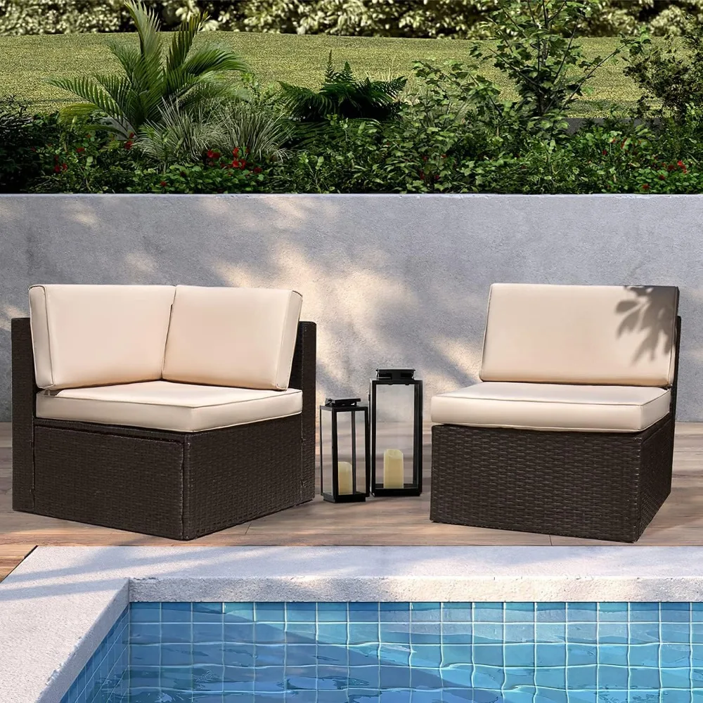 Patio Furniture Sofas Sets Outdoor All-Weather Sectional Corner Sofa and Armless Sofas (Beige, 2 PCS Patio Sofa Set)