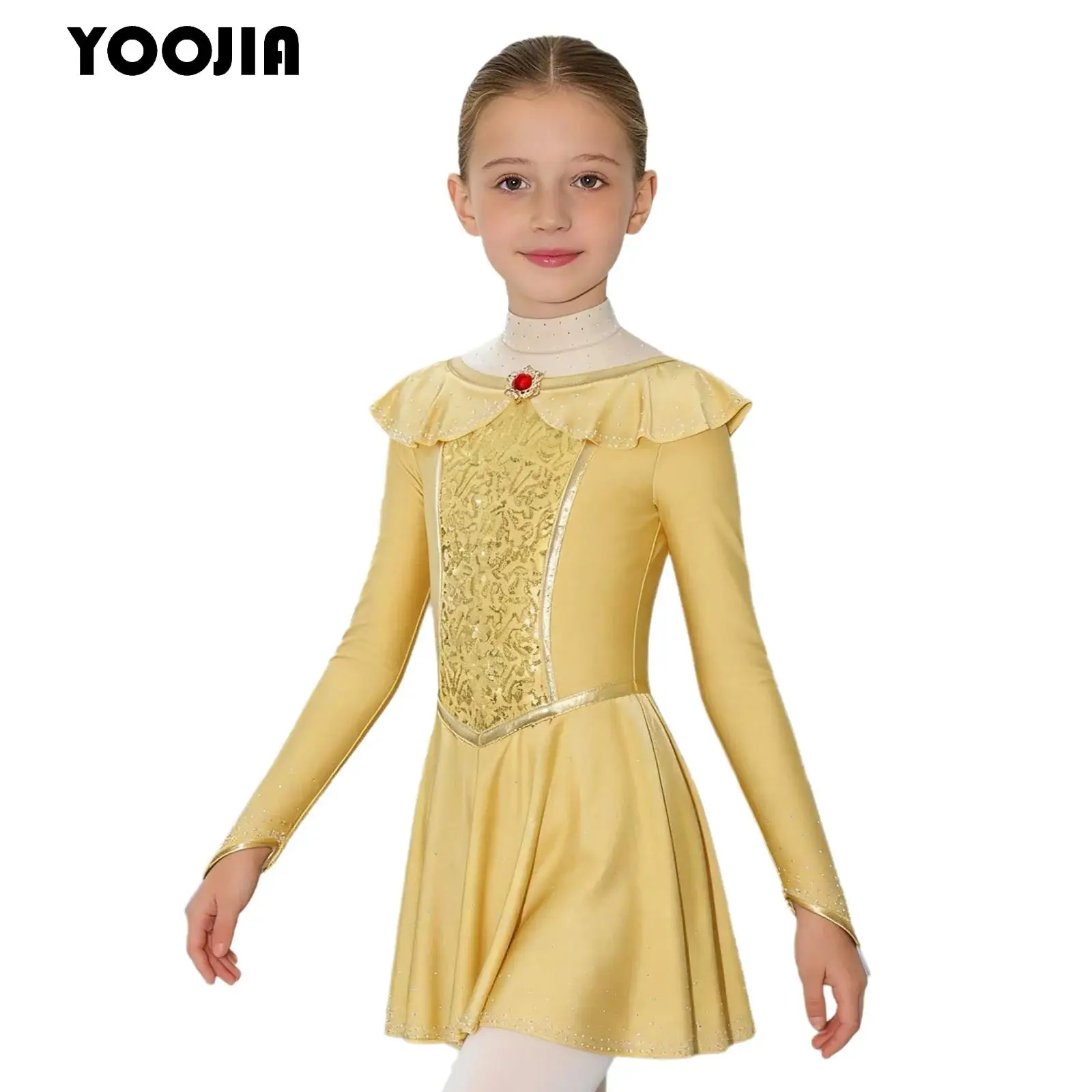 

Sequins Gem Girls Arabian Princess Costume Long Sleeve Rhinestones Leotard Dress Halloween Indian Dance Cosplay Fancy Dress Up