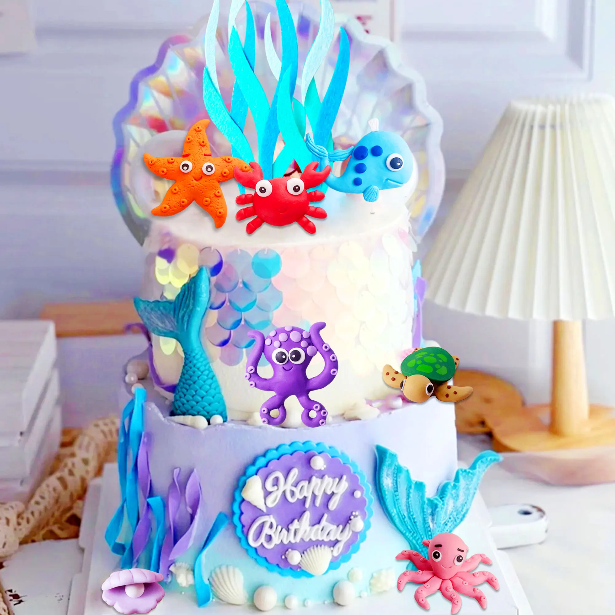 LaVenty Under the Sea Cake Toppers Ocean Animal Cupcake Toppers Ocean Sea Theme Gender Reveal Birthday Party Cake Decorations