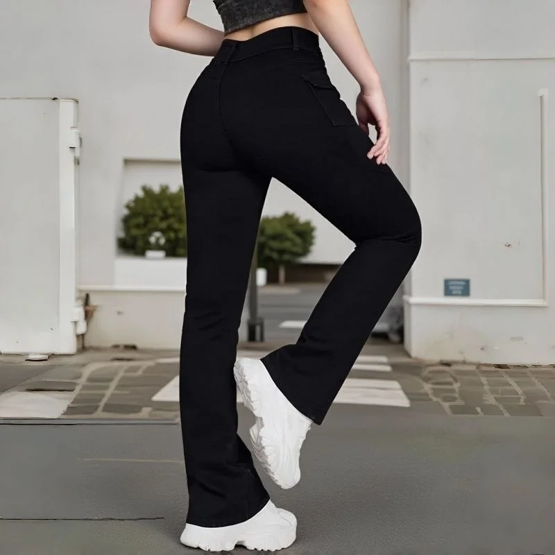 Hot Sale Lady Mid-rise Thin Flared Jeans Girls Double Button Side Pockets Pants Women Fashion Leisure Black Trousers