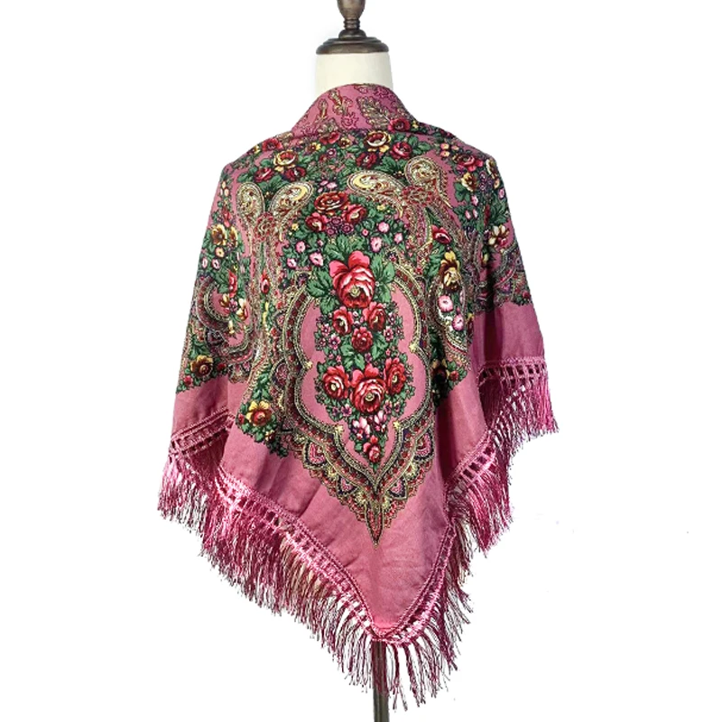 

120*120cm Russian Style Floral Print Square Scarf Women Fringed Bandana Ukrainian Shawl Women's Head Wraps Babushka Handkerchief