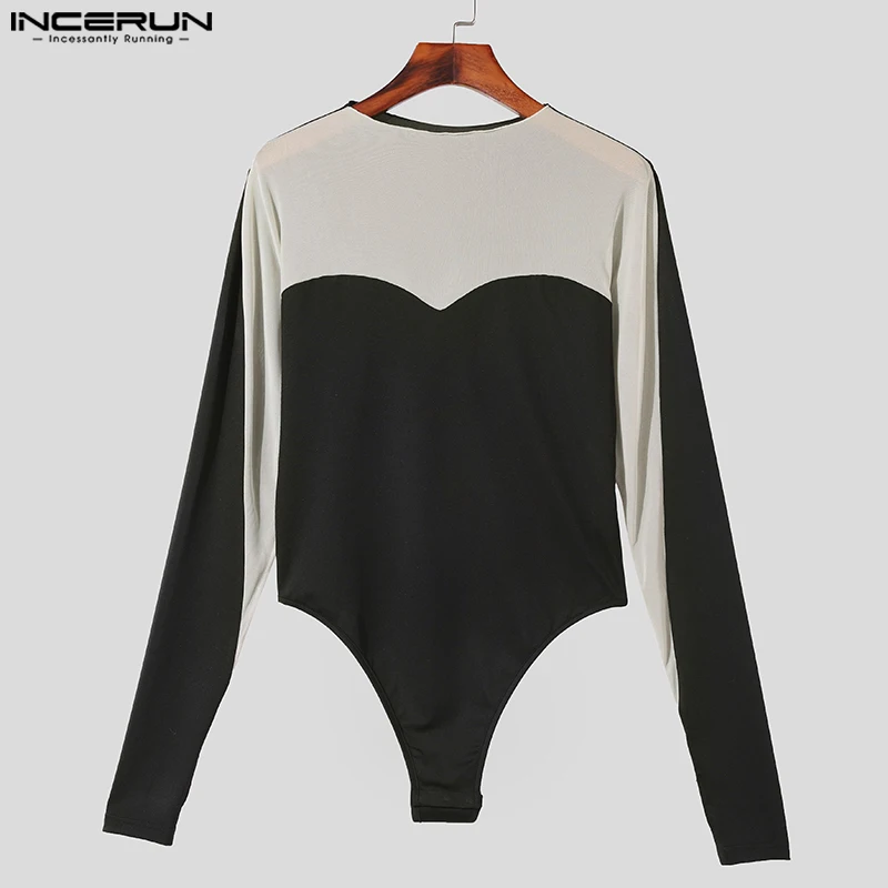 2024 Men Bodysuits Mesh Patchwork O-neck Long Sleeve Male Bodysuit Fitness Transparent Streetwear Fashion Rompers INCERUN S-5XL