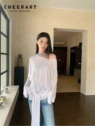 CHEERART Off The Shoulder White Long Sleeve Tees Bandage Oversized T Shirt Women Rayon Casual Tops Autumn Fall Clothes 2024