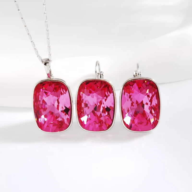 ยอดนิยมสี่เหลี่ยมผืนผ้าชุดเครื่องประดับสำหรับเจ้าสาวงานแต่งงาน Bijoux ออสเตรียคริสตัล Dangle ต่างหูเซ็ตสร้อยคอของขวัญ