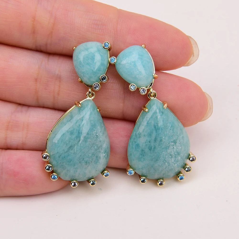 Imagem -02 - G-g-natural Verde Amazonite Forma Teardrop cz Pave Banhado a Ouro Brincos Dangle Partido Elegante Jóias Drop Shipping