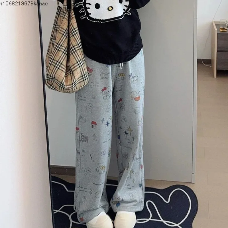 Hello Kitty Women Cute Cartoon Print Straight Leg Pants Korean Style Autumn Winter New Trendy Casual Pants Loose Sports Trousers