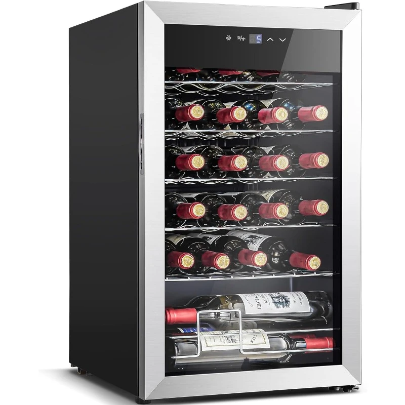 

Fridge, 24 Bottle Wine Cooler 46-66℉ Beverage Wine Refrigerator, Glass Door Free Standing Mini Wine Cellar Aging Red/White