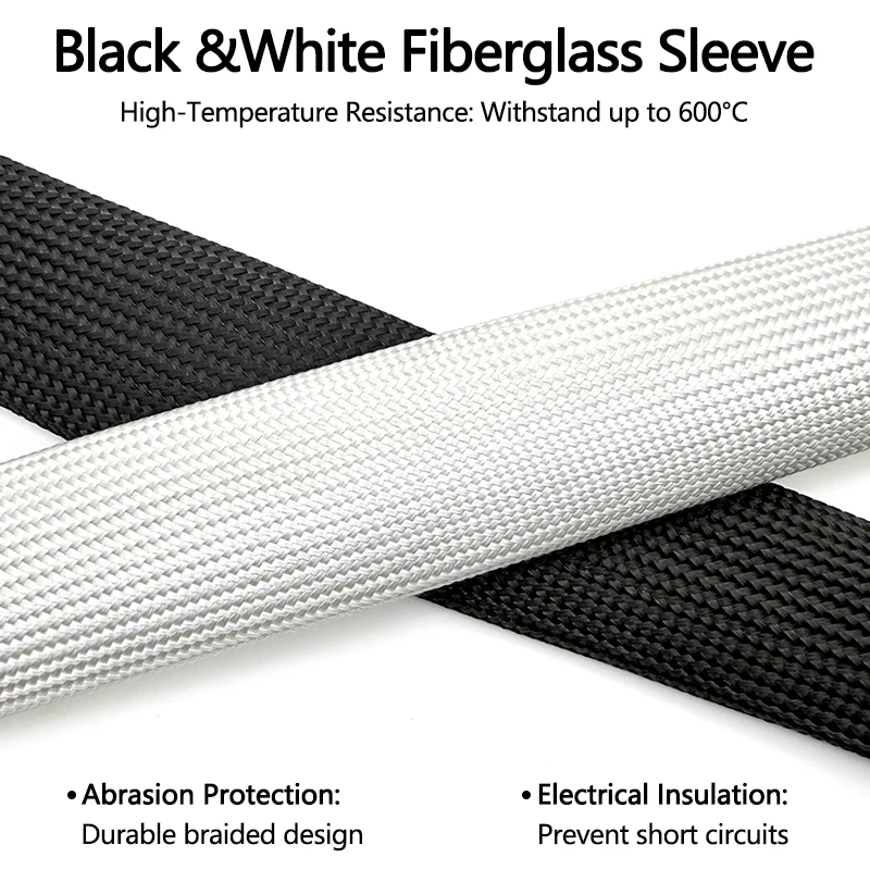Fiberglass Insulation Sleeve 600Deg.C Fire Resistant black/white High Temp Tubing ID 1~10mm 10-200M Wiring Cable Protector