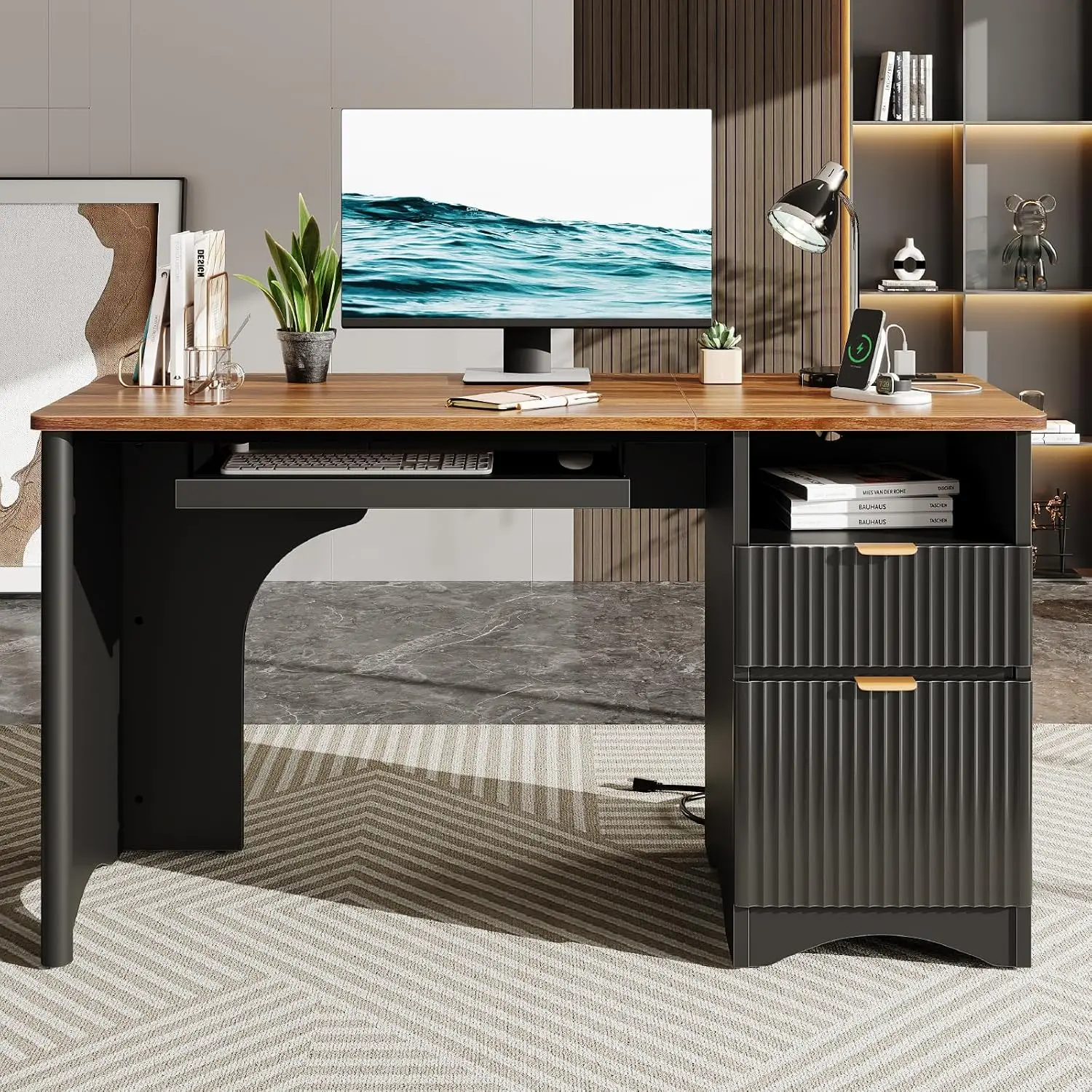Desk with Keyboard Tray Power Outlet & File Drawer Home Office 55 inch Walnut Black Single-Sided Drawers Customized