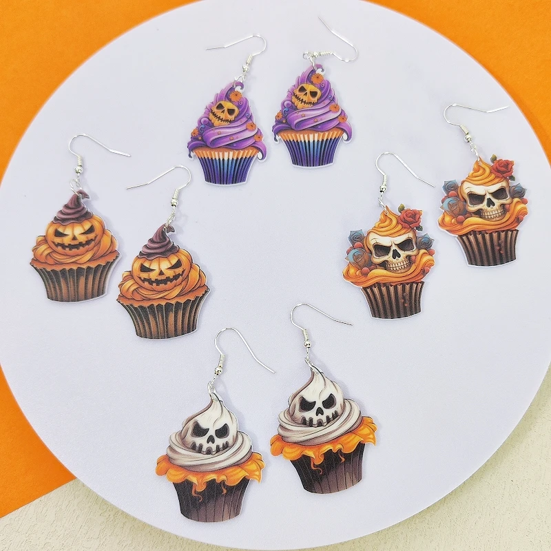 Halloween Pumpkin Skull Cupcake Drop Earrings for Women Acrylic Fashion  Jewelry Interesting Accessories